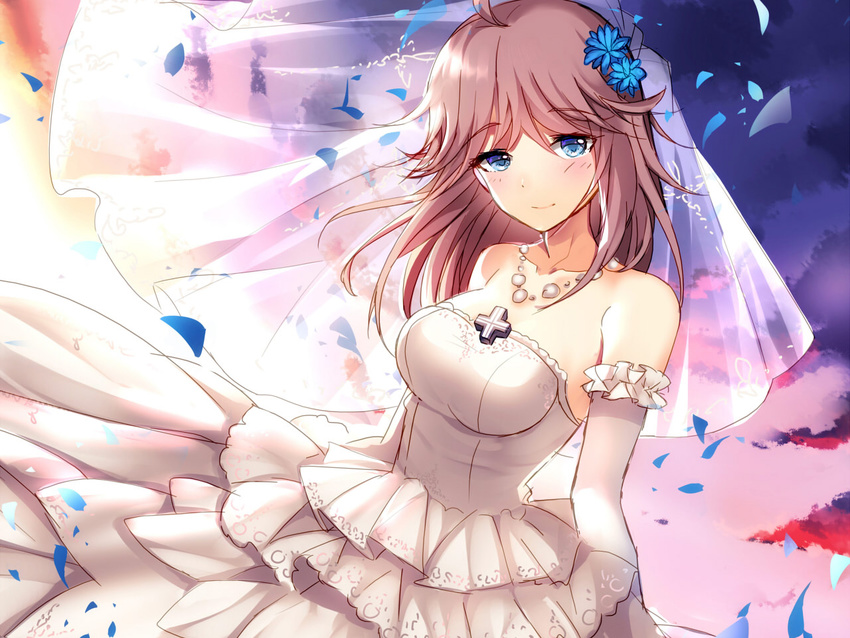 bisonbison blue_eyes blush breasts cropped flowers gloves petals pink_hair sky sunset tirpitz wedding_attire zhanjian_shaonv