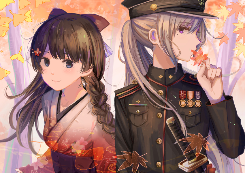 2girls absurdres autumn_leaves black_coat black_hair black_hat blue_eyes blurry blush bow braid breast_pocket breasts buttons closed_mouth coat commentary_request depth_of_field epaulettes eyelashes flower gradient grey_hair hair_flower hair_ornament hairbow hairclip hat highres higuchi_kaede higuchi_kaede_(8th_costume) holding holding_leaf ibuki_(ibuki0118) japanese_clothes katana kimono leaf long_hair long_sleeves looking_at_viewer looking_to_the_side maple_leaf medal military military_uniform mole mole_under_eye multiple_girls nijisanji obi peaked_cap pocket ponytail profile purple_eyes red_bow red_flower red_kimono sash seigaiha sheath sheathed sidelocks single_braid small_breasts smile sword tsukino_mito tsukino_mito_(4th_costume) uniform upper_body virtual_youtuber weapon