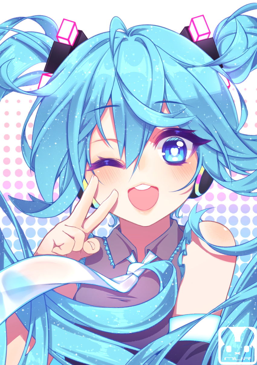 absurdres bare_shoulders blue_eyes blue_hair collared_shirt commentary english_commentary female hair_between_eyes hair_ornament hatsune_miku highres long_hair looking_at_viewer murmoruno one_eye_closed open_mouth shirt smile solo twintails upper_body vocaloid