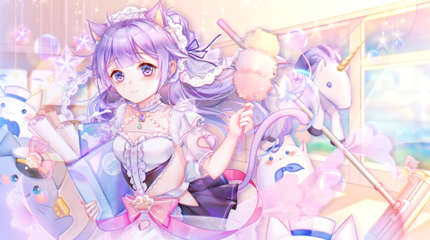 animal animal_ears anthro azur_lane bow bubbles catgirl choker dress feline headdress hms_unicorn_(azur_lane) irisrey long_hair maid purple_eyes purple_hair ribbons tail