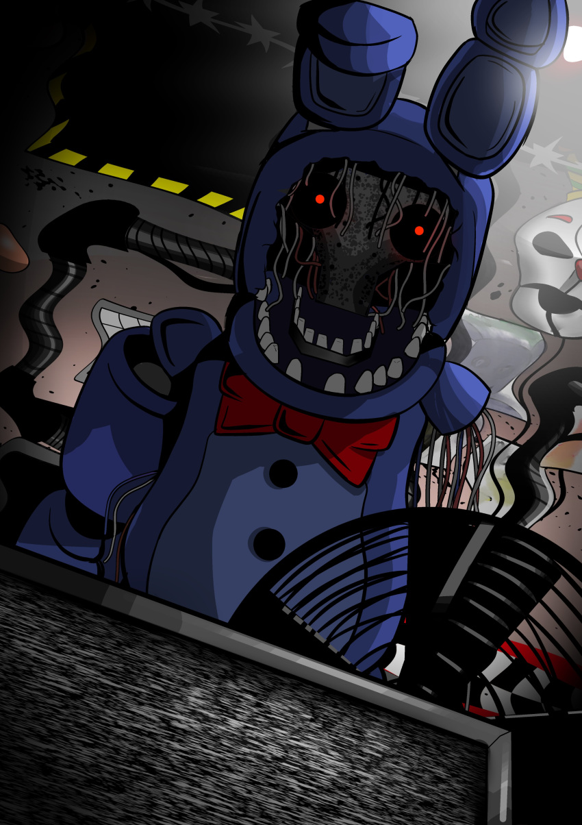 2018 absurd_res animatronic bow_(feature) bow_tie digital_media_(artwork) five_nights_at_freddy's five_nights_at_freddy's_2 glowing glowing_eyes hi_res lagomorph leporid machine mammal rabbit robot scottgames shu_20625 simple_background solo withered_bonnie_(fnaf)