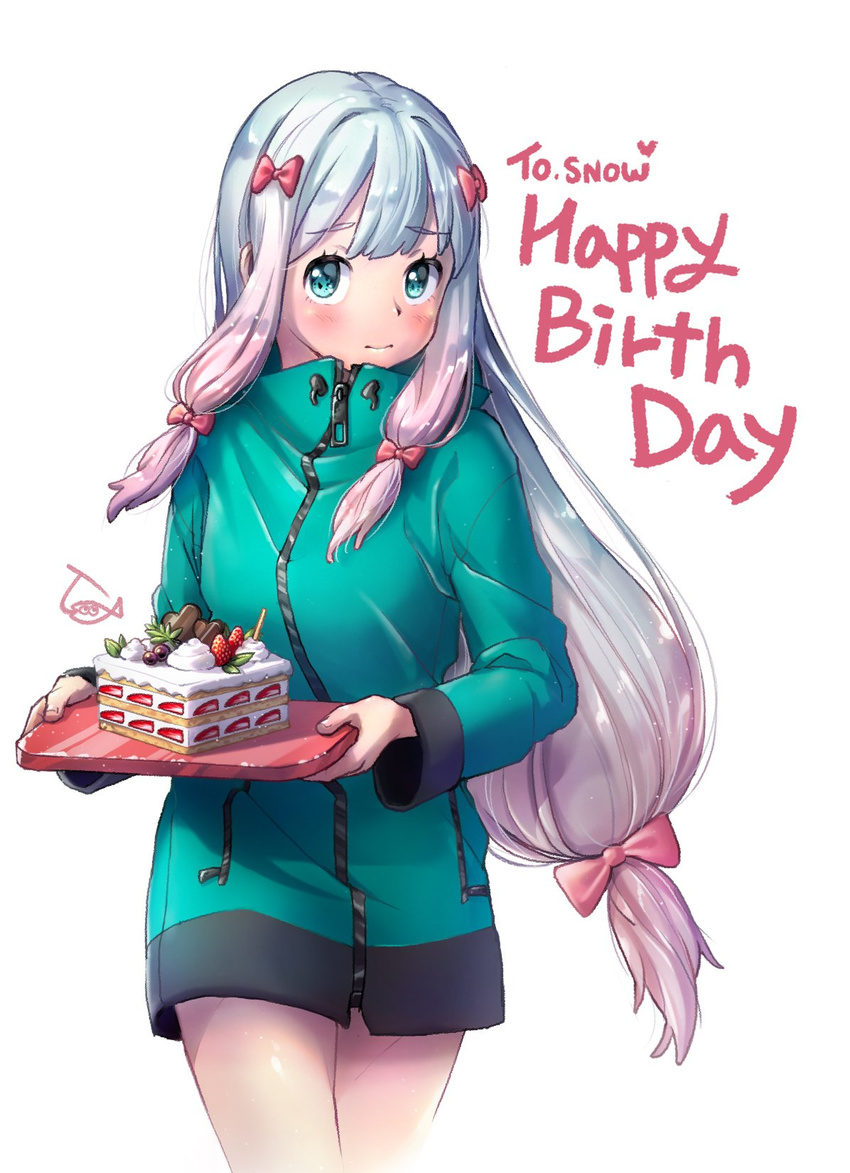 blue_eyes blush bow closed_mouth commentary_request eromanga_sensei female grey_hair hairbow happy_birthday highres izumi_sagiri korean_commentary long_hair long_sleeves looking_at_viewer nyamunyamu pink_bow simple_background solo white_background