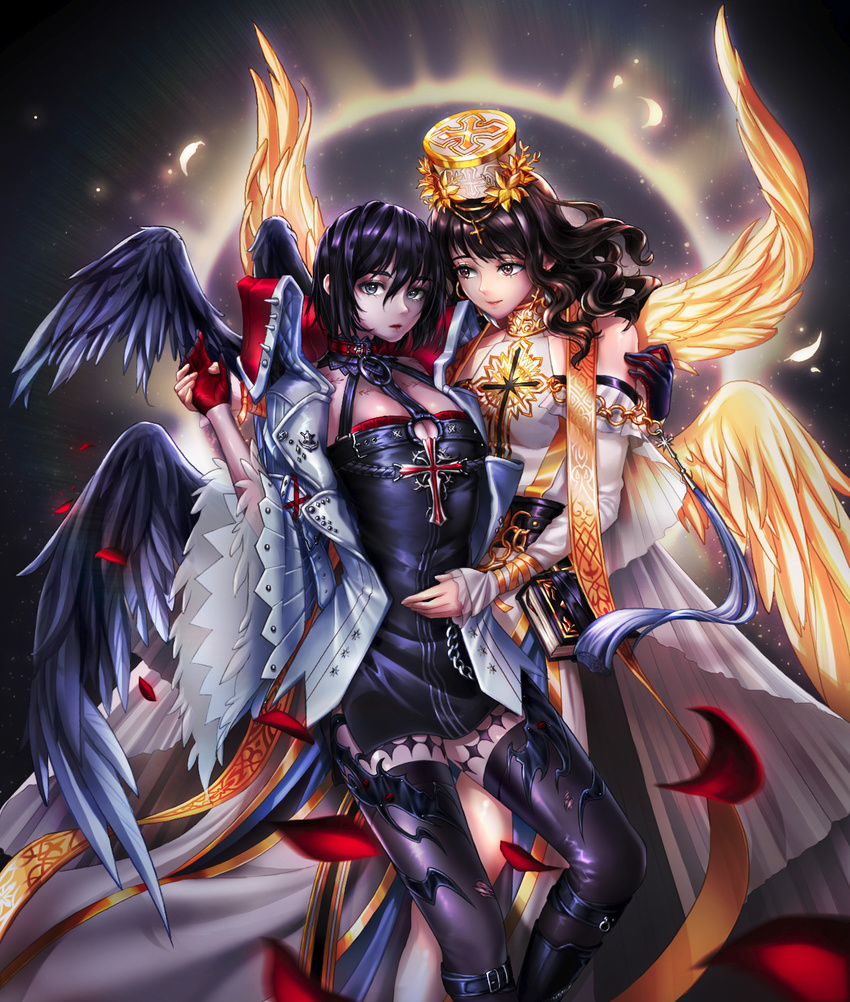 2girls angel_wings bare_shoulders black_gloves black_hair black_legwear blush breasts brown_eyes cleavage collarbone commentary_request dungeon_and_fighter female_crusader_(dungeon_and_fighter) female_priest_(dungeon_and_fighter) gloves grey_eyes highres korean_commentary large_breasts long_hair looking_at_another looking_at_viewer mistress_(dungeon_and_fighter) multiple_girls nyamunyamu parted_lips red_gloves short_hair smile thighhighs wings