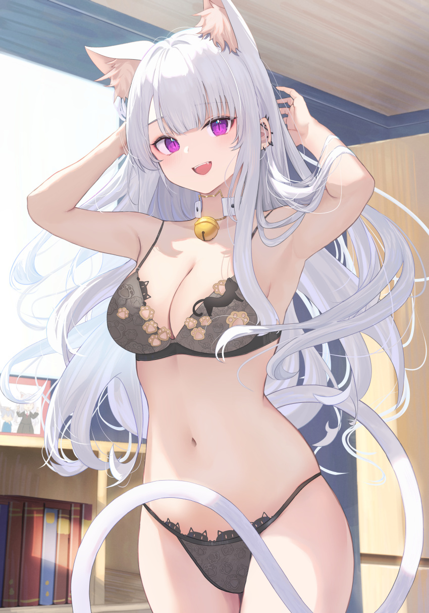 :d absurdres animal_ear_fluff animal_ears animal_print armpits arms_up barbell_piercing bare_arms bare_shoulders bell black_bra black_panties book bookshelf bra breasts cat_bra cat_ears cat_girl cat_panties cat_print cat_tail choker cleavage cowboy_shot daily_(daily178900) ear_piercing earrings fangs female floating_hair highres indoors industrial_piercing jewelry jingle_bell light_blush long_hair medium_breasts navel neck_bell o-ring o-ring_choker open_mouth original panties paw_print photo_(object) picture_frame piercing print_panties purple_eyes slit_pupils smile solo spaghetti_strap stomach string_bra string_panties tail teeth underwear underwear_only upper_teeth_only very_long_hair white_choker white_hair