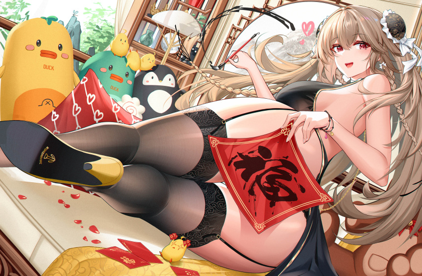 absurdres anchorage_(azur_lane) anchorage_(moonlit_boat_ride)_(azur_lane) ass azur_lane back_cutout black_thighhighs bow bow_earrings bracelet braid breasts bun_cover calligraphy_brush china_dress chinese_clothes clothing_aside clothing_cutout convenient_censoring double_bun dress earrings female from_behind garden01 garter_straps hair_bun heart high_heels highres holding holding_calligraphy_brush holding_paintbrush hongbao jewelry kneepits lace-trimmed_legwear lace_trim large_breasts light_brown_hair long_hair looking_at_viewer looking_back lying manjuu_(azur_lane) official_alternate_costume on_side open_mouth paintbrush pelvic_curtain pelvic_curtain_aside smile stuffed_toy thighhighs twin_braids twintails