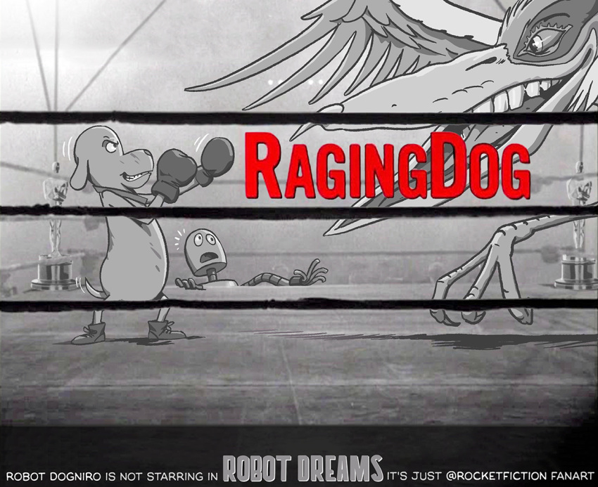 academy_awards anthro avian award bird boxing_gloves canid canine canis clothing crossover dog_(robot_dreams) domestic_dog english_text fighting_ring ghibli handwear heron machine male mammal oscar_statuette paul_rivoche pelecaniform raging_bull robot robot_(robot_dreams) robot_dreams text the_boy_and_the_heron