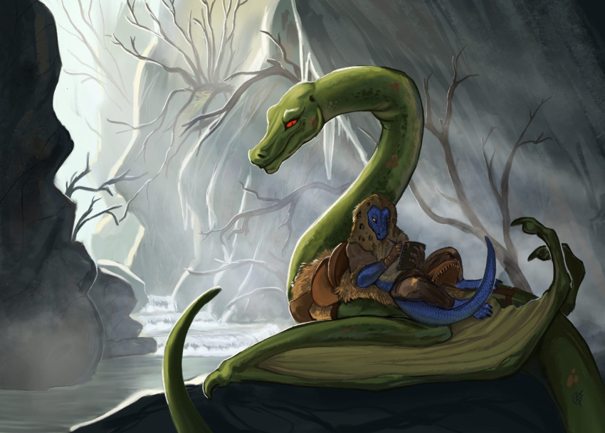 anthro broghild_(homm) claws dragon drawing european_mythology feral fur_cloak heroes_of_might_and_magic_3 hi_res lying_on_another male mythological_creature mythological_scalie mythology painting_(artwork) plant ponynok red_eyes scales scalie swamp tail traditional_media_(artwork) tree waterfall western_dragon wyvern yellow_eyes