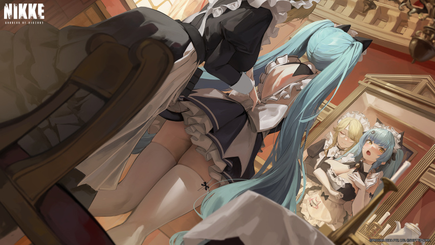 2girls ade_(nikke) animal_ears apron ass blue_hair blush breasts brown_hair cat_ears cat_girl cat_tail closed_eyes closed_mouth commentary elbow_gloves english_commentary gloves goddess_of_victory:_nikke highres indoors large_breasts leviathan_(hikinito0902) long_hair long_sleeves maid maid_apron maid_headdress mirror multiple_girls open_mouth privaty_(nikke) privaty_(unkind_maid)_(nikke) second-party_source standing table tail thighhighs twintails very_long_hair white_apron white_gloves white_thighhighs yellow_eyes