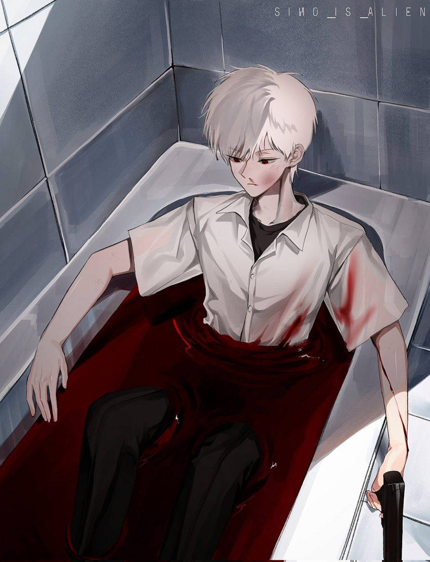 1boy akagi:_yami_ni_oritatta_tensai akagi_shigeru bath bath_of_blood bathing bathtub black_pants black_shirt blood buttons closed_mouth clothed_bath commentary_request corrupted_twitter_file expressionless feet_out_of_frame fukumoto_mahjong gun handgun highres holding holding_gun holding_weapon indoors korean_commentary looking_down male_focus medium_bangs pants pool_of_blood shirt short_hair short_sleeves siho_is_alien sitting solo tile_wall tiles undershirt weapon white_hair white_shirt