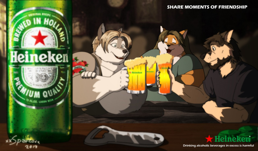 2019 alcohol anthro arm_tattoo artist_name beard beer beer_glass beverage big_breasts bottle_opener breasts brown_hair canid canine canis closed_eyes english_text facial_hair female fox fur group hair heart_tattoo heineken male mammal michelle_(xxsparcoxx) multicolored_body multicolored_fur open_mouth overweight overweight_anthro overweight_female sophia_(xxsparcoxx) tattoo text trio two_tone_body two_tone_fur wildert_(xxsparcoxx) wolf xxsparcoxx