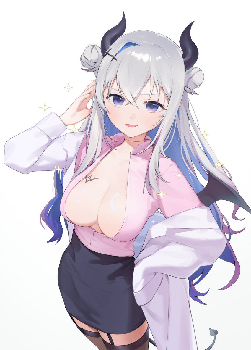 alternate_breast_size amane_kanata black_horns black_skirt black_thighhighs blue_hair breast_padding breast_tattoo breasts center_opening coat collared_shirt colored_inner_hair commentary cosplay demon_girl demon_horns demon_wings double_bun female g_li garter_straps grey_hair hair_bun hand_on_own_hip highres hololive horns lab_coat large_breasts long_hair long_sleeves looking_at_viewer miniskirt multicolored_hair off_shoulder open_clothes open_coat open_shirt parted_lips pencil_skirt pink_shirt price_tag purple_eyes shirt simple_background single_hair_intake skirt smile smug solo sparkle tattoo thighhighs very_long_hair virtual_youtuber when_you_see_it white_background white_coat wings yuzuki_choco yuzuki_choco_(1st_costume) yuzuki_choco_(cosplay)