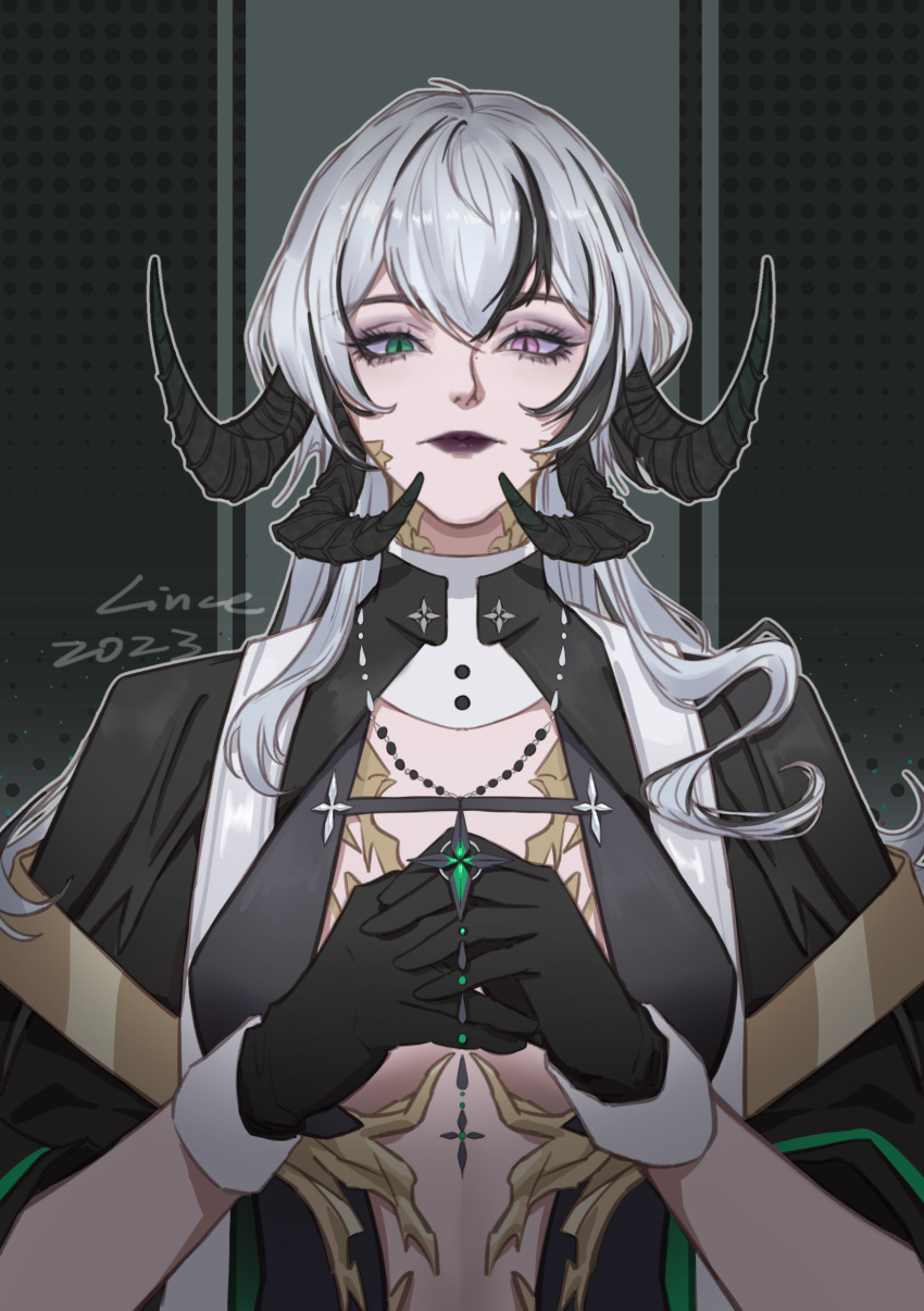 2023 absurdres alternate_form black_gloves black_lips black_robe breasts breasts_apart center_opening chinese_commentary commentary cross cross_necklace dragon_girl dragon_horns eyeshadow female gloves green_eyes grey_background hair_between_eyes highres holding holding_jewelry holding_necklace horns jewelry linceyang long_hair looking_at_viewer looking_down makeup medium_breasts mole mole_on_nose monsterification multicolored_hair necklace oak_casket_(path_to_nowhere) outline own_hands_together path_to_nowhere pink_eyes polka_dot polka_dot_background purple_eyeshadow robe scales signature slit_pupils solo straight-on streaked_hair upper_body white_hair white_outline