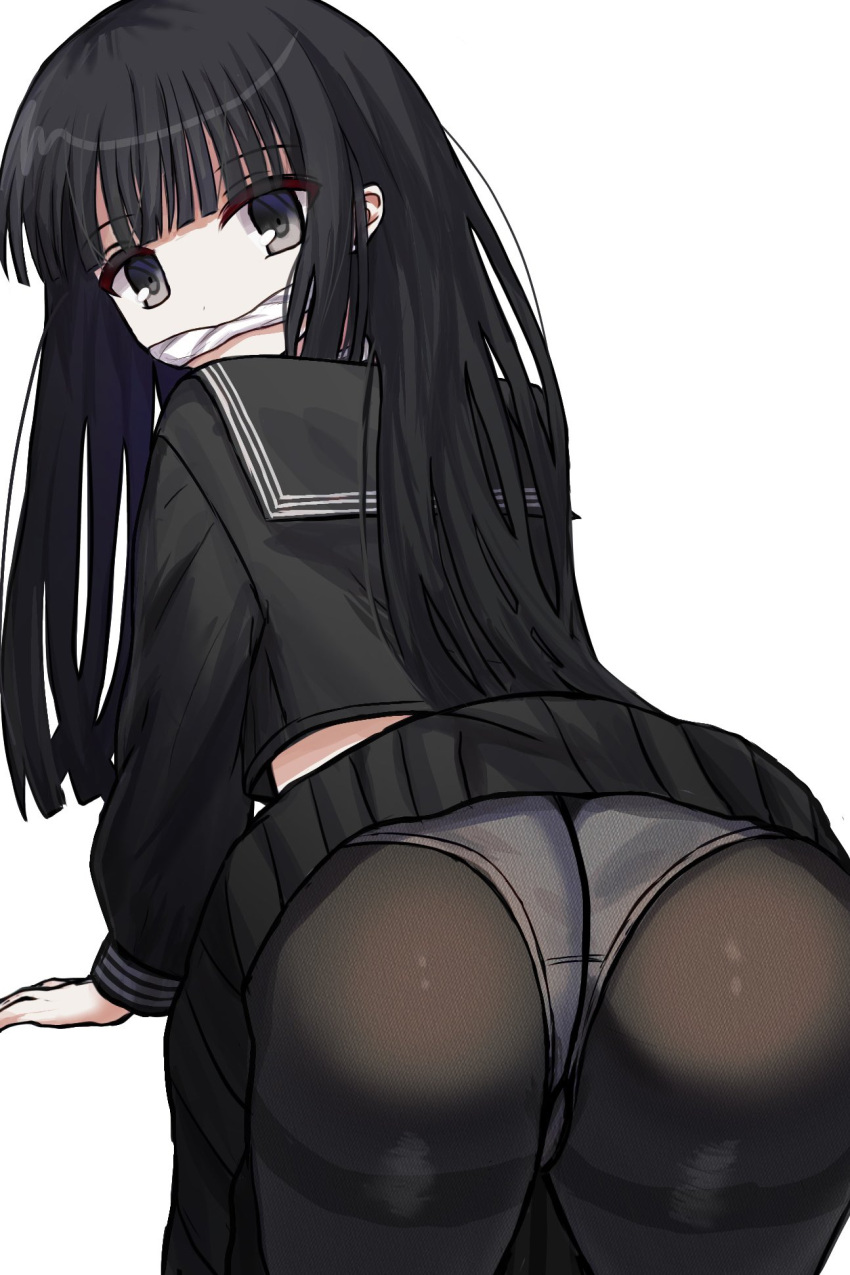 arm_support ass black_eyes black_hair black_pantyhose black_sailor_collar black_serafuku black_shirt black_skirt blunt_bangs blunt_ends byakuya_rinne clothes_lift commentary cowboy_shot euphoria_(clockup) female foreshortening from_behind gag highres improvised_gag leaning_forward long_hair long_sleeves looking_at_viewer looking_back mahigu_re panties panties_under_pantyhose pantyhose pleated_skirt sailor_collar school_uniform serafuku shirt simple_background skirt skirt_lift solo thighband_pantyhose underwear white_background white_panties