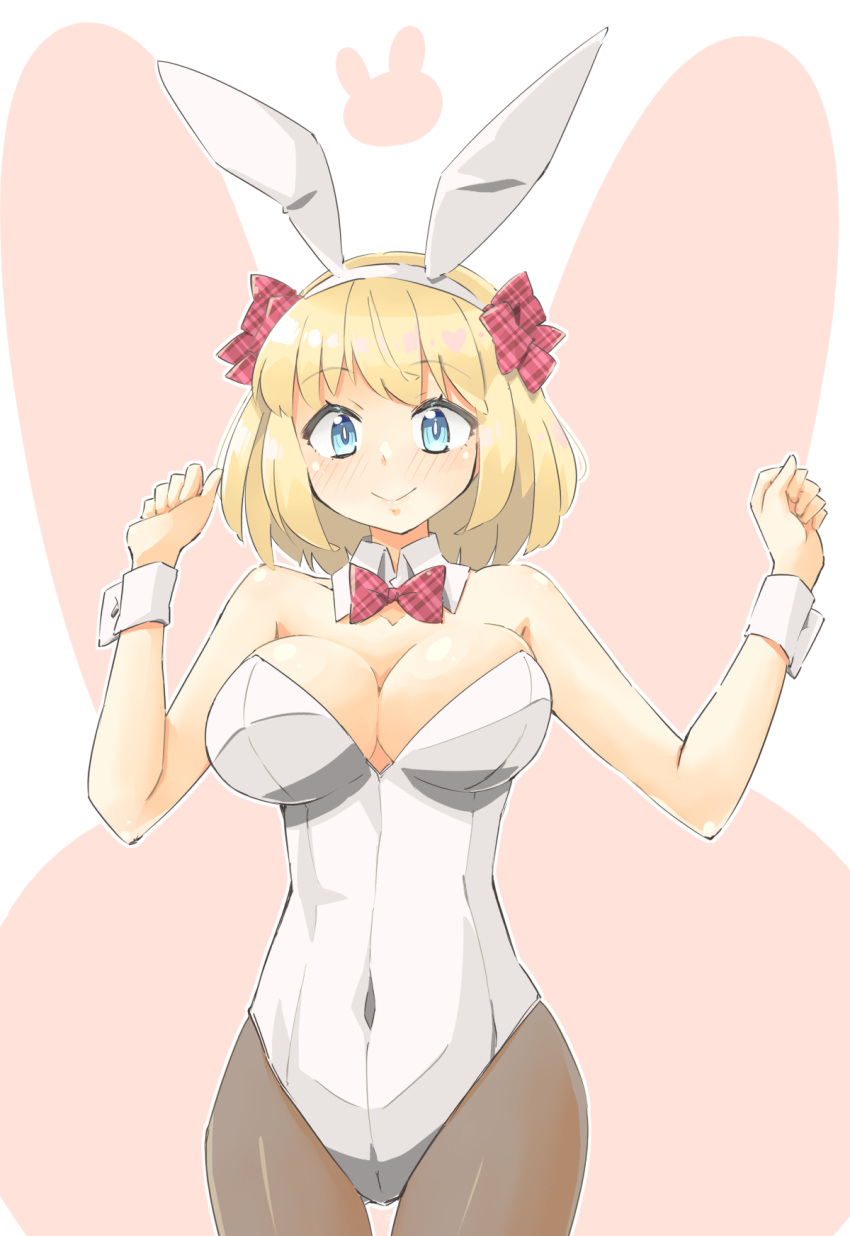 alice_margatroid animal_ears arnest bare_shoulders black_pantyhose blonde_hair blue_eyes bow bowtie breasts cleavage covered_navel detached_collar fake_animal_ears female hairbow highres large_breasts leotard looking_at_viewer multiple_hair_bows pantyhose plaid plaid_bow plaid_bowtie plaid_hair_ornament playboy_bunny rabbit_ears short_hair smile strapless strapless_leotard touhou white_leotard wrist_cuffs