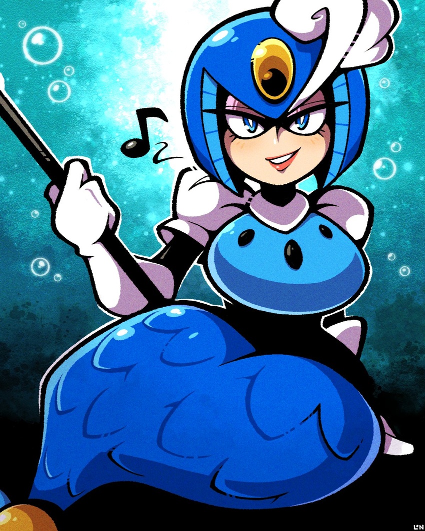 blue_eyes bubble commentary female helmet highres legendofnerd looking_at_viewer mega_man_(classic) mega_man_(series) mega_man_9 mermaid monster_girl musical_note robot_girl smile solo splash_woman underwater water white_mouth