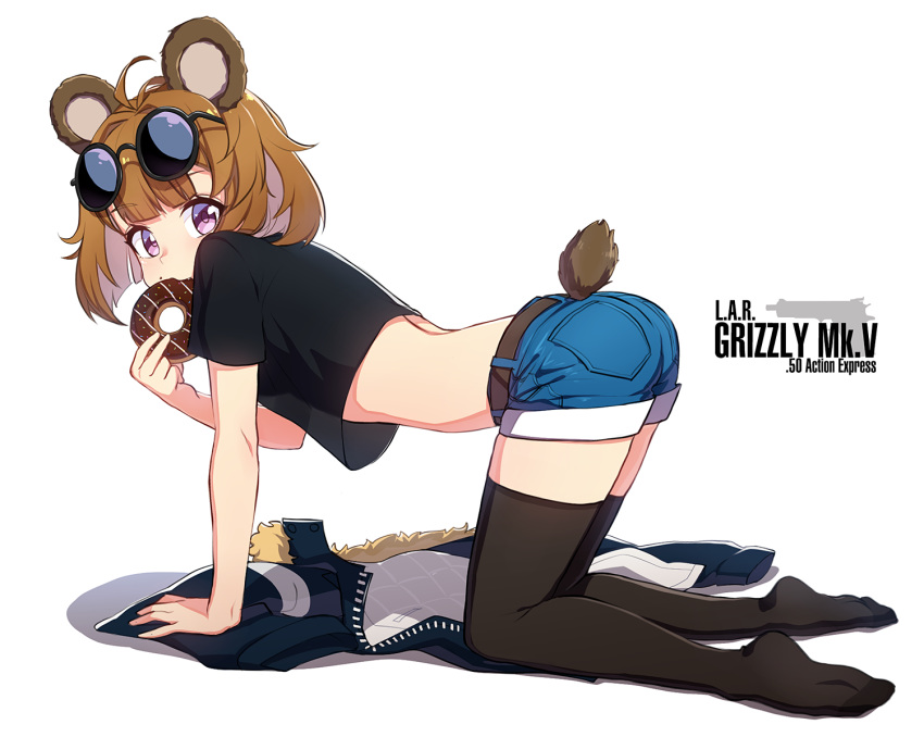 aged_down ahoge all_fours animal_ears ass bad_id bad_twitter_id bear_ears bear_tail black_thighhighs breasts brown_hair character_name commentary_request crop_top denim denim_shorts doughnut eating eyewear_on_head female food from_side full_body girls'_frontline grizzly_mkv_(girls'_frontline) grizzly_mkv_(teddy_transform!)_(girls'_frontline) grizzly_win_mag gun jacket korean_commentary looking_at_viewer midriff mouth_hold narynn official_alternate_costume purple_eyes see-through_silhouette short_hair short_shorts short_tail shorts small_breasts solo tail tan thighhighs unworn_jacket weapon