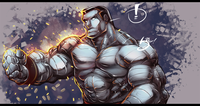 ! 1boy abs artist_name black_hair bullet colored_skin colossus_(x-men) commentary_request grey_skin letterboxed male_focus manly marvel metal_skin solo spandex_hero topless_male western_comics_(style) white_eyes x-men