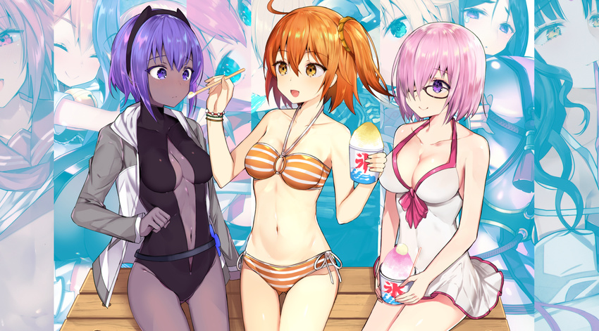 ahoge bangs banned_artist bench bikini bow bow_swimsuit breasts brilliant_summer collarbone commentary_request covered_navel dress_swimsuit eyebrows_visible_through_hair fate/grand_order fate_(series) food fujimaru_ritsuka_(female) hair_between_eyes hair_ornament hair_scrunchie halter_top halterneck hassan_of_serenity_(fate) holding holding_food hood hoodie large_breasts mash_kyrielight medium_breasts navel o-ring o-ring_bikini one-piece_swimsuit open_clothes open_hoodie open_mouth orange_hair orange_scrunchie pink_bow purple_eyes purple_hair scrunchie shaved_ice short_hair short_hair_with_long_locks side-tie_bikini side_ponytail sidelocks sitting smile swimsuit swimsuit_of_perpetual_summer tetsubuta turtleneck white_swimsuit