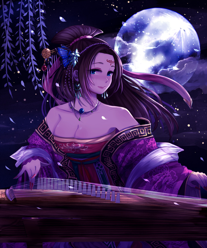 absurdres ansung bad_id bad_pixiv_id bare_shoulders beads blue_eyes breasts brown_hair chinese_clothes cleavage earrings facial_mark female fingernails forehead_mark full_moon guzheng hair_ornament hair_ribbon hair_stick hairpin hanfu highres instrument jewelry large_breasts long_hair long_sleeves moon music nail_polish necklace night night_sky off_shoulder playing_instrument red_nails ribbon sash shawl shingoku_no_valhalla_gate sky solo