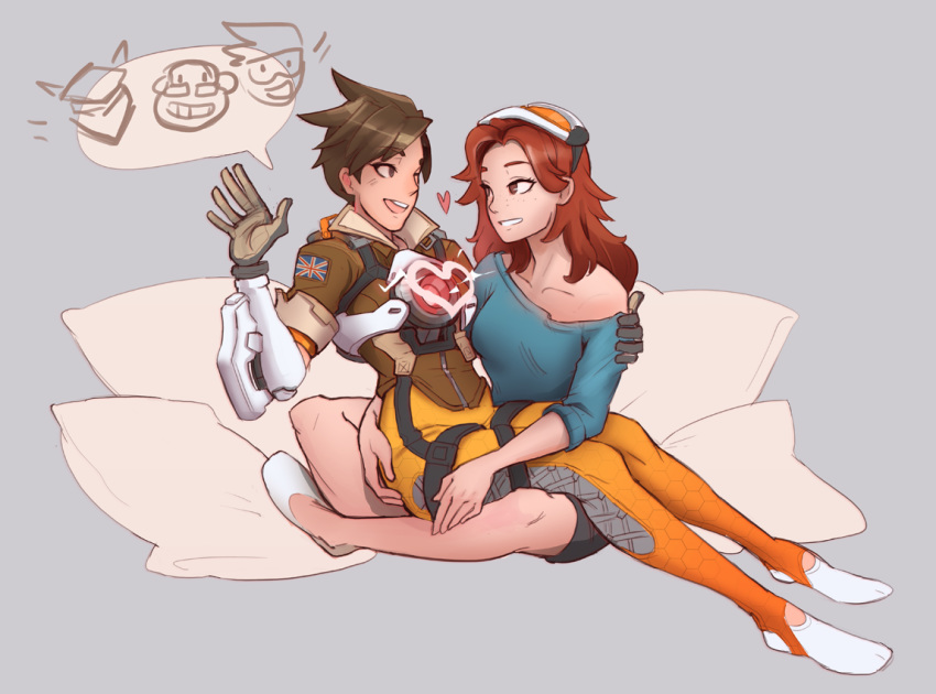 2girls :d anh_dang blue_shirt bodysuit bomber_jacket breasts brown_hair brown_jacket chest_harness collarbone commentary couple cross-laced_clothes cross-laced_legwear emily_(overwatch) english_commentary freckles full_body genji_(overwatch) gloves goggles goggles_on_head grey_background hand_on_another's_shoulder hand_up harness heart jacket leather leather_jacket long_hair long_sleeves looking_at_another multiple_girls open_mouth orange_bodysuit orange_goggles overwatch overwatch_1 pants pillow red_hair shirt short_hair short_sleeves simple_background sitting sitting_on_lap sitting_on_person smile speech_bubble spiked_hair spoken_character sweater tight_clothes tight_pants tracer_(overwatch) union_jack unworn_goggles vambraces winston_(overwatch) yuri