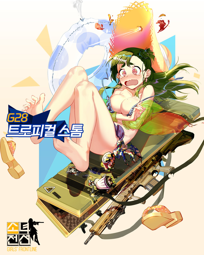 ar-10 assault_rifle bare_legs barefoot battle_rifle bikini bikini_top_only blush breast_hold breasts bullet_hole cleavage collarbone crying crying_with_eyes_open cz75_(girls'_frontline) earrings embarrassed feet female fish_earrings floral_print frilled_bikini frills full_body g28_(girls'_frontline) g28_(tropical_storm)_(girls'_frontline) girls'_frontline green_hair green_jacket gun h&k_hk416 h&k_hk417 hat hat_ribbon heckler_&_koch highres hk416_(girls'_frontline) innertube jacket jewelry large_breasts long_hair mole mole_on_breast official_alternate_costume official_art one_side_up orange_eyes promotional_art ribbon rifle sandals see-through see-through_jacket soles solo sticker straw_hat sun_hat swim_ring swimsuit tearing_up tears toes untied_bikini unworn_sandals ushi_(newrein) wavy_mouth weapon weapon_case white_ribbon