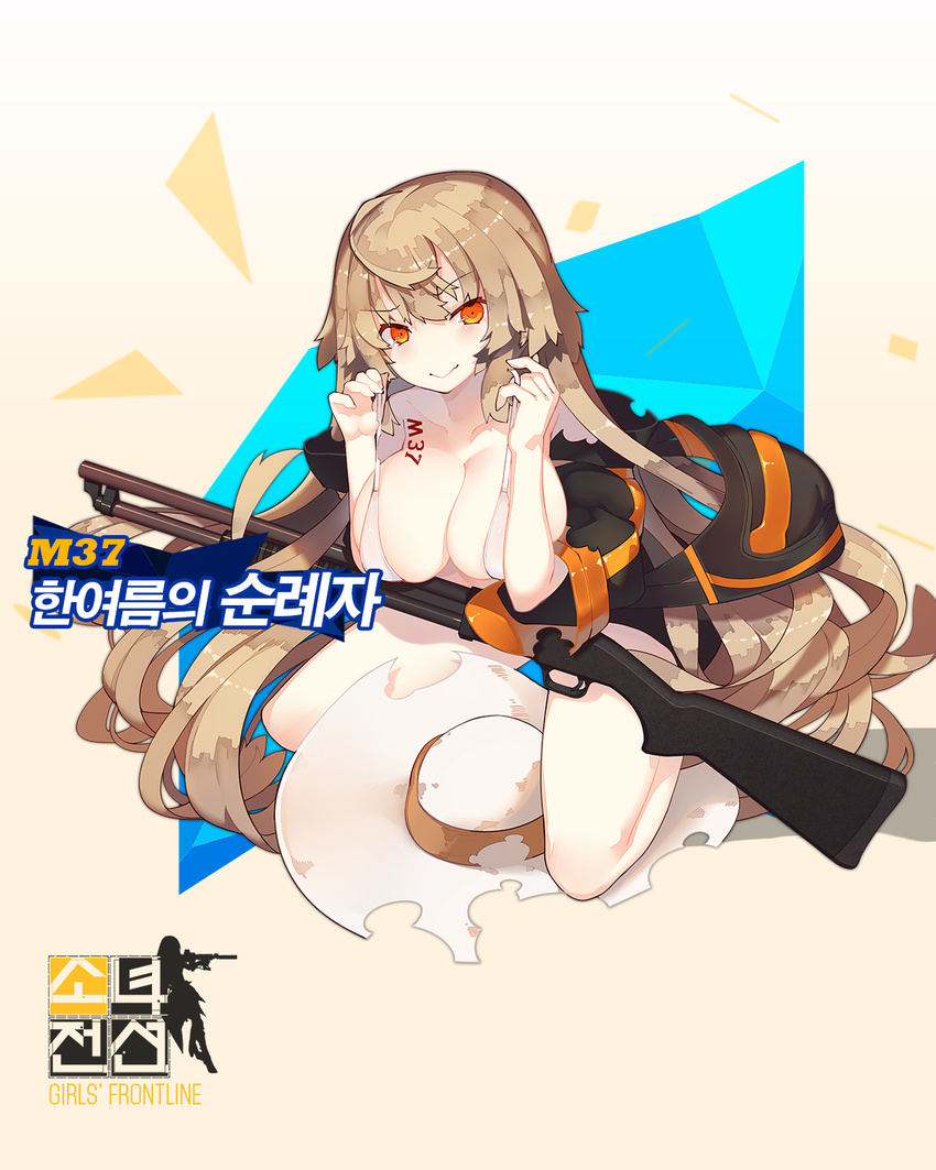 3: bikini blush breasts character_name cleavage closed_mouth copyright_name female full_body girls'_frontline gun hair_between_eyes hands_up hat highres ithaca_m37 jacket kneeling large_breasts legs_apart long_hair looking_at_viewer m37_(girls'_frontline) m37_(summer_parader)_(girls'_frontline) official_alternate_costume official_art open_clothes open_jacket promotional_art pump_action rain_lan shotgun sidelocks solo sun_hat swimsuit torn_clothes torn_jacket unworn_hat unworn_headwear very_long_hair weapon white_bikini