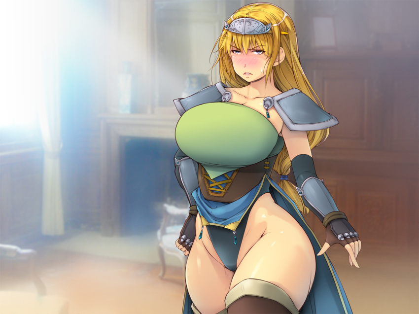 armor blonde_hair blue_eyes blurry blurry_background blush breasts cowboy_shot day embarrassed female full-face_blush groin highres huge_breasts indoors legs leotard long_hair looking_at_viewer makeikusa_no_onna-tachi:_hime_to_onna_kishi_no_senpuku-ki original parted_lips pelvic_curtain shoulder_pads solo standing sunlight thick_thighs thighs tiara yoko_jyusuke