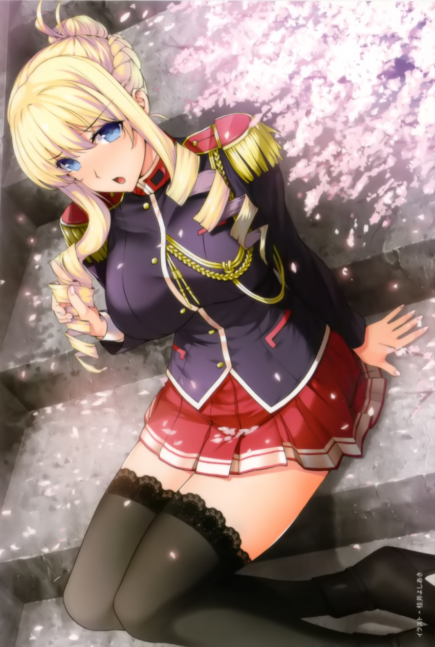 :o absurdres bertille_althusser black_thighhighs blonde_hair blue_eyes breasts cherry_blossoms drill_hair dutch_angle epaulettes female hair_bun highres impossible_clothes impossible_shirt katsurai_yoshiaki lace lace-trimmed_legwear lace_trim large_breasts long_hair military military_uniform photoshop_(medium) school_uniform shirt single_hair_bun sitting skirt solo stairs thighhighs twin_drills twintails uniform walkure_romanze zettai_ryouiki