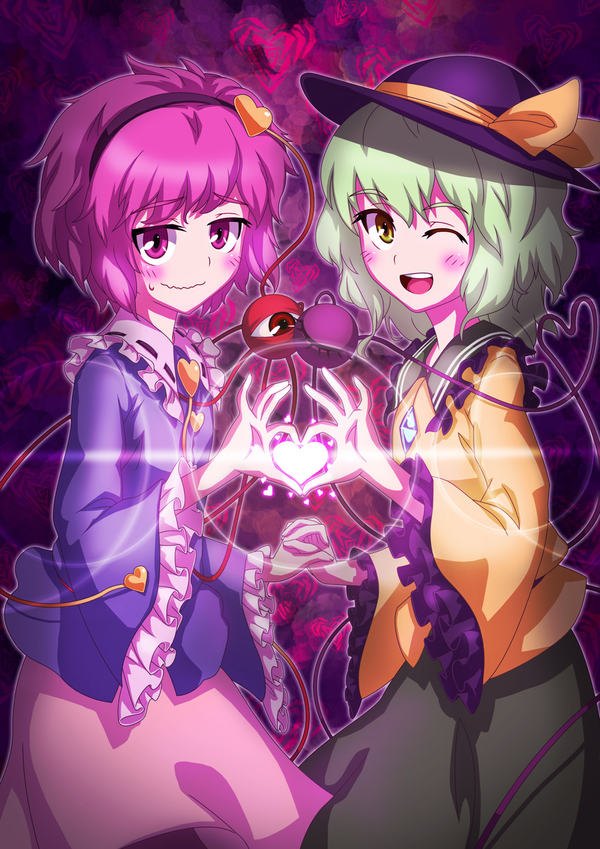 2girls 4-fingers_heart_hands absurdres bad_id bad_pixiv_id blush bobomaster commentary_request embarrassed eyeball green_eyes green_hair hairband hat hat_ribbon heart heart_hands heart_hands_duo heart_in_heart_hands heart_of_string highres interlocked_fingers komeiji_koishi komeiji_satori multiple_girls one_eye_closed open_mouth photoshop_(medium) pink_skirt purple_eyes purple_hair ribbon short_hair siblings sisters skirt smile sweatdrop third_eye touhou wavy_mouth