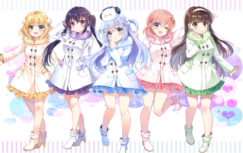 animal aqua_eyes black_hair blonde_hair blue_hair boots brown_hair chocho_(homelessfox) dress gochuumon_wa_usagi_desu_ka? green_eyes group headband hoto_cocoa kafuu_chino kirima_sharo long_hair orange_hair purple_eyes rabbit short_hair tedeza_rize tippy_(gochuumon_wa_usagi_desu_ka?) twintails ujimatsu_chiya waifu2x wink