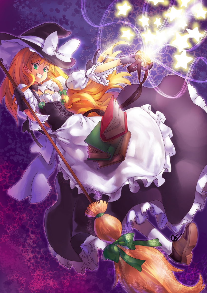 absurdres apron bad_id bad_pixiv_id blonde_hair blush bobomaster book bow braid broom commentary_request female gloves green_eyes grin hat highres kirisame_marisa long_hair mini-hakkero outstretched_arm photoshop_(medium) smile solo star_(symbol) touhou witch_hat