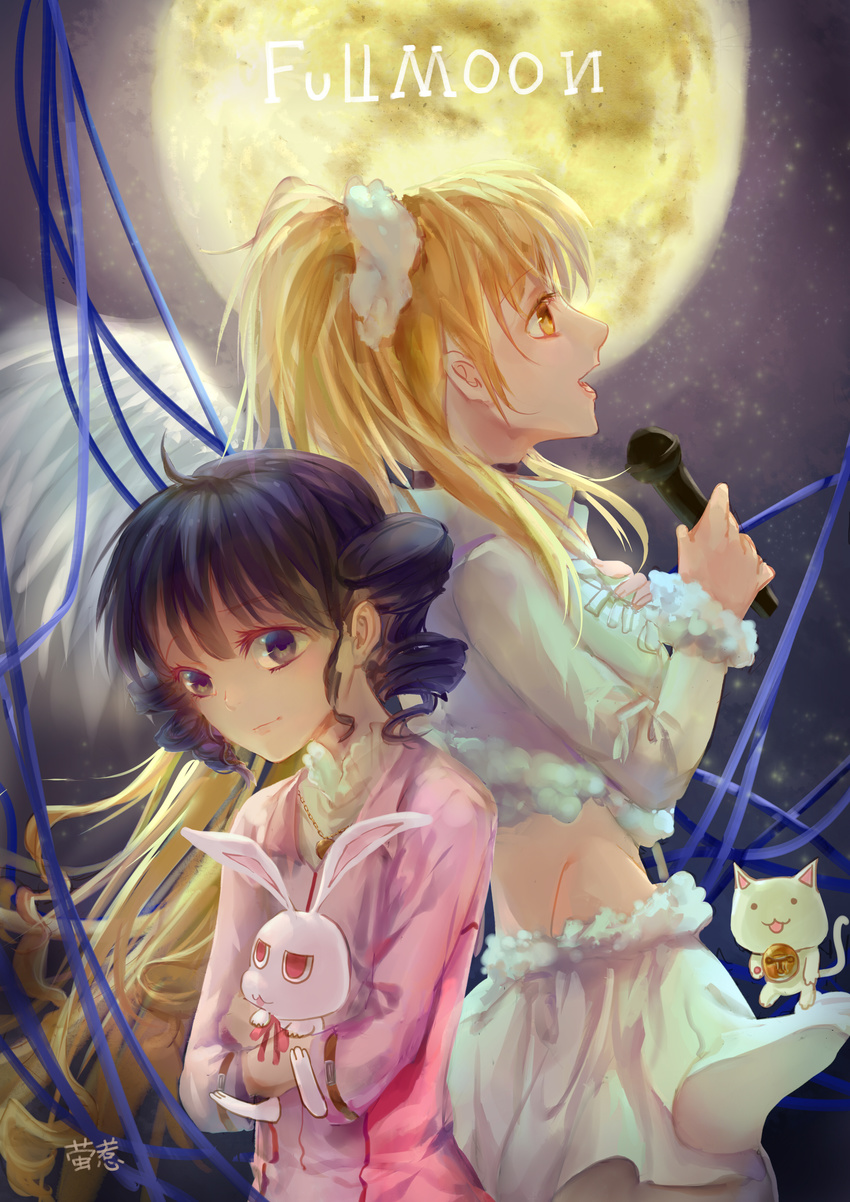 2girls absurdres aged_up angel_wings black_eyes black_hair blonde_hair blue_ribbon character_name commentary_request drill_hair dual_persona feathered_wings feline from_side full_moon full_moon_(full_moon_wo_sagashite) full_moon_wo_sagashite fur_trim hair_ornament high_ponytail highres holding kouyama_mitsuki long_hair meroko_yui meroko_yui_(bunny) microphone moon multiple_girls music profile rabbit ribbon shanyinre singing skirt takuto_kira takuto_kira_(cat) time_paradox twin_drills very_long_hair white_skirt wings yellow_eyes