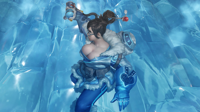 belt blizzard_(company) breasts chen_zhang cleavage female female glasses gun hair_bun hair_ornament hua_ye_cai ice large_breasts mei_(overwatch) overwatch snowball_(overwatch) third-party_edit wallpaper weapon winter_clothes