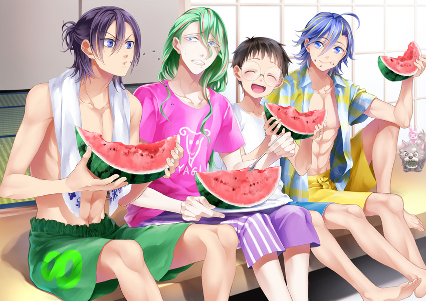 4boys black_hair blue_eyes blue_hair commentary_request eating food fruit green_hair kisaragi_mizu long_hair makishima_yuusuke manami_sangaku multiple_boys onoda_sakamichi purple_hair smile toudou_jinpachi watermelon yowamushi_pedal