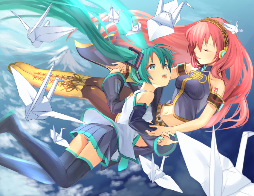 2girls boots closed_eyes commentary_request cross-laced_footwear detached_sleeves green_eyes green_hair hatsune_miku headphones highres kari_kenji knee_boots lace-up_boots long_hair megurine_luka midair multiple_girls navel open_mouth origami panties paper_crane photoshop_(medium) red_hair skirt striped_clothes striped_panties thigh_boots thighhighs twintails underwear very_long_hair vocaloid