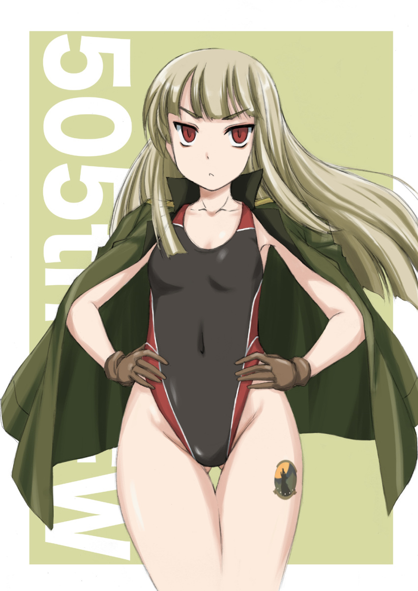 505th_joint_fighter_wing_(emblem) :< ass_visible_through_thighs blonde_hair breasts brown_gloves collarbone commentary_request competition_swimsuit covered_navel female gloves grete_m._gollob hands_on_own_hips highres jacket jacket_on_shoulders long_hair looking_at_viewer one-piece_swimsuit photoshop_(medium) red_eyes simple_background small_breasts solo swimsuit thigh_gap v-shaped_eyebrows wan'yan_aguda world_witches_series