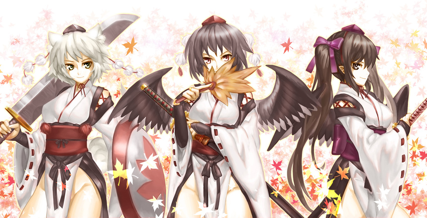 3girls animal_ears black_hair black_wings blush bobomaster breasts bridal_gauntlets brown_hair commentary detached_sleeves english_commentary groin hand_fan hat hauchiwa highres himekaidou_hatate inubashiri_momiji kourindou_tengu_costume large_breasts leaf multiple_girls no_panties photoshop_(medium) red_eyes ribbon-trimmed_sleeves ribbon_trim shameimaru_aya shield short_hair smile tokin_hat touhou weapon white_hair wings wolf_ears