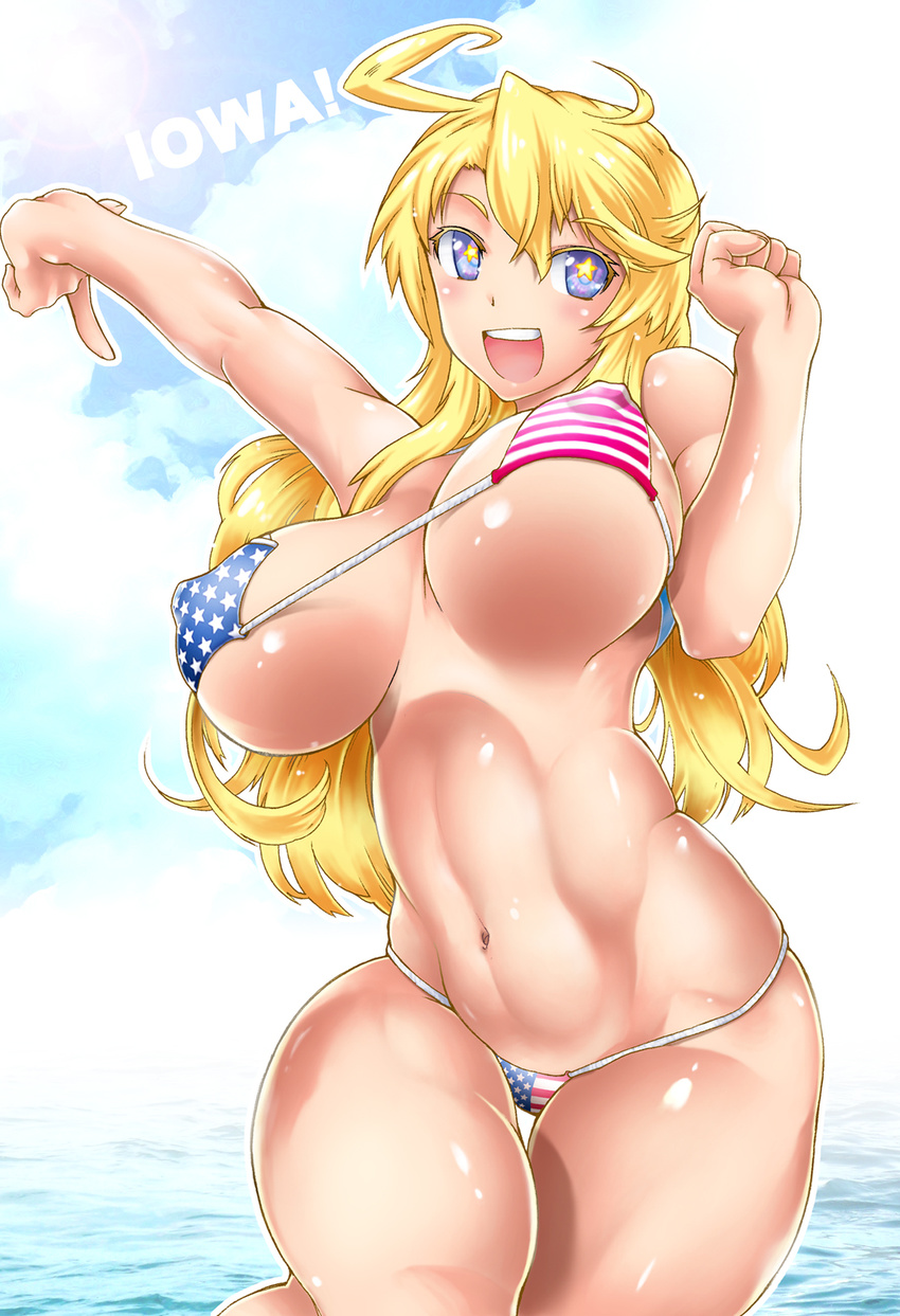 american_flag american_flag_bikini american_flag_print arm_up bikini blue_eyes bouncing_breasts breasts character_name commentary_request covered_nipples curvy deshima_shin female flag_print highres iowa_(kancolle) kantai_collection large_breasts long_hair navel print_bikini smile solo star-shaped_pupils star_(symbol) swimsuit symbol-shaped_pupils thigh_gap thighs wide_hips