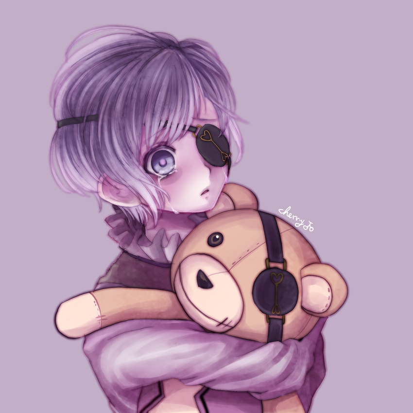 1boy bags_under_eyes blush carrying cherry_dot collared_shirt crying diabolik_lovers eyepatch hug male_focus open_mouth purple_background purple_eyes purple_hair sakamaki_kanato simple_background solo stuffed_animal tears teddy_(diabolik_lovers) teddy_bear upper_body