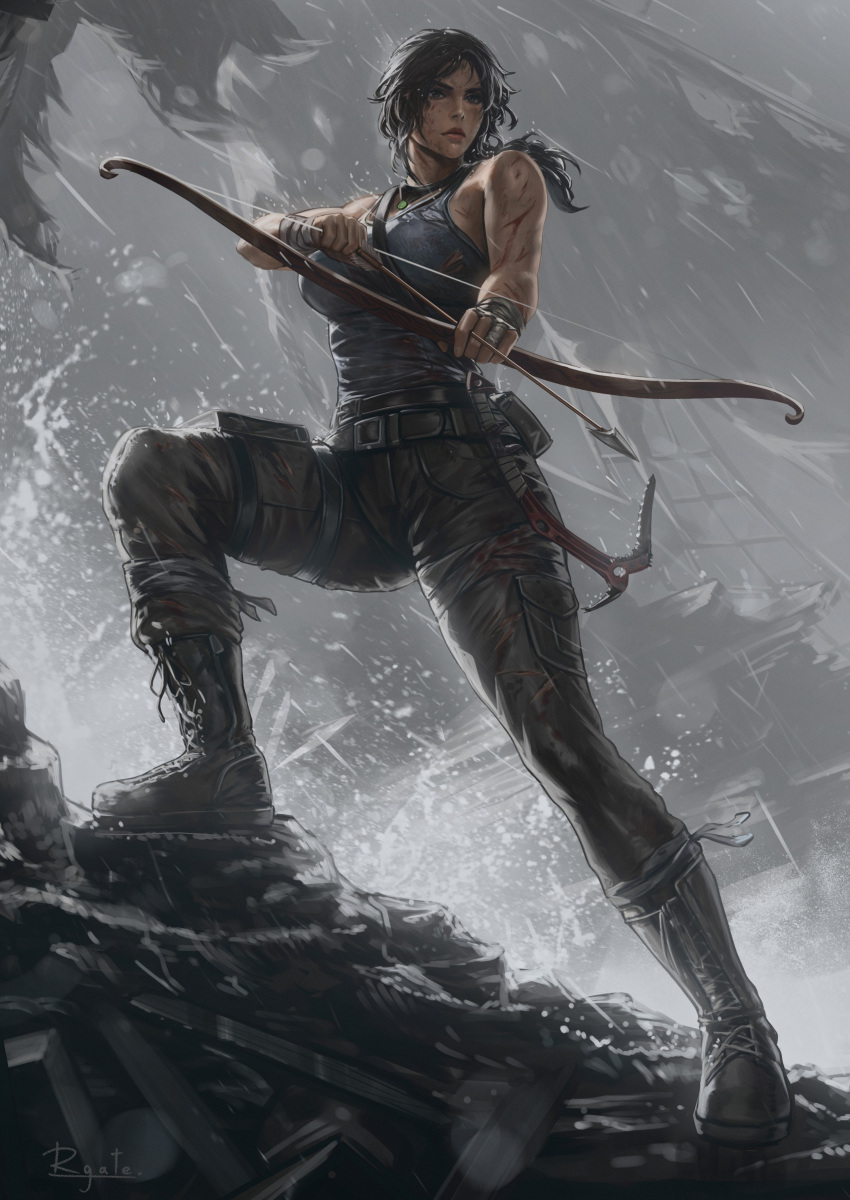 absurdres archery arrow_(projectile) bandaged_arm bandages bare_shoulders belt black_footwear bow_(weapon) breasts brown_hair drawing_bow english_commentary female gatery highres holding holding_arrow holding_bow_(weapon) holding_weapon jewelry lara_croft large_breasts long_hair low_ponytail necklace on_rooftop pants pouch quiver rain rooftop shirt_tucked_in solo tank_top thigh_pouch tomb_raider tomb_raider_(reboot) water weapon wet