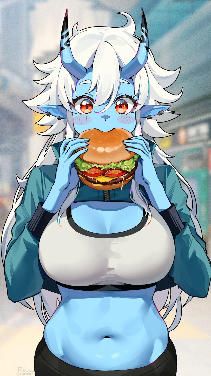 absurdres blue_skin breasts burger cleavage colored_skin crop_top female food foxyreine highres holding holding_food horns large_breasts long_hair looking_at_viewer midriff navel orange_eyes pointy_ears shrug_(clothing) solo soukaku_(zenless_zone_zero) sports_bra stomach upper_body very_long_hair white_hair zenless_zone_zero