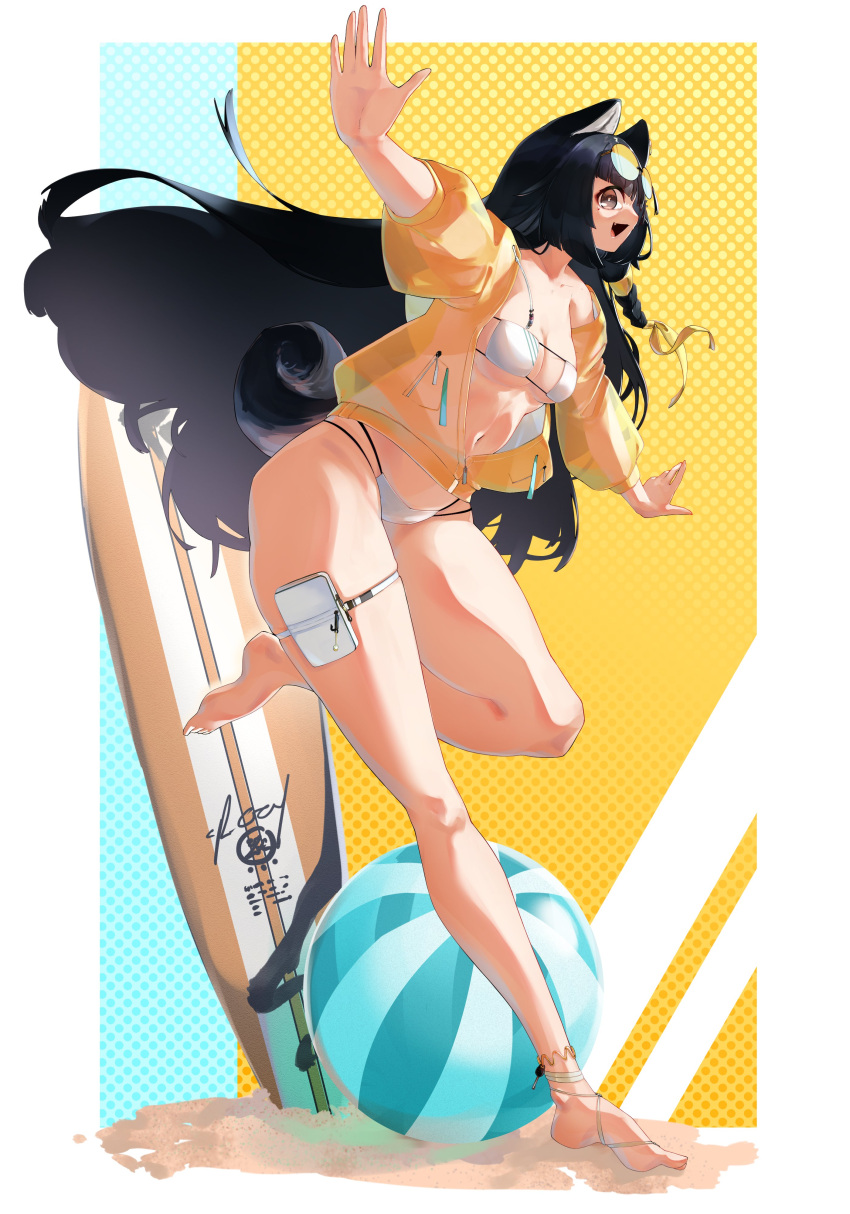 absurdres alternate_costume animal_ear_fluff animal_ears anklet arknights ball barefoot beachball bikini black_hair breasts crr001 dog_ears dog_girl dog_tail eyepatch_bikini eyewear_on_head female full_body highres jacket jewelry long_hair medium_breasts navel oerba_yun_fang open_mouth outstretched_arms saga_(arknights) sand see-through_clothes see-through_jacket solo spread_arms strapless strapless_bikini sunglasses surfboard swimsuit tail thigh_strap very_long_hair white_bikini yellow_jacket