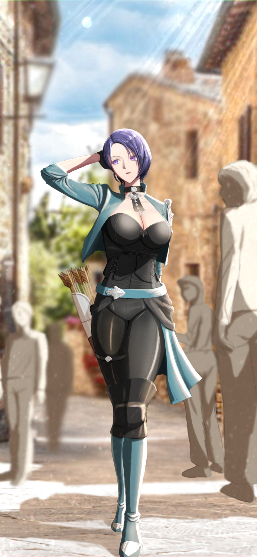 absurdres aqua_belt aqua_footwear aqua_jacket arrow_(projectile) belt black_choker black_gloves black_pants blue_sky boots breasts choker cleavage commentary_request cropped_jacket female fire_emblem fire_emblem:_three_houses gloves highres jacket large_breasts looking_to_the_side matoimangekyo open_clothes open_jacket outdoors pants purple_eyes purple_hair quiver shadow shamir_nevrand short_hair sky solo sunlight