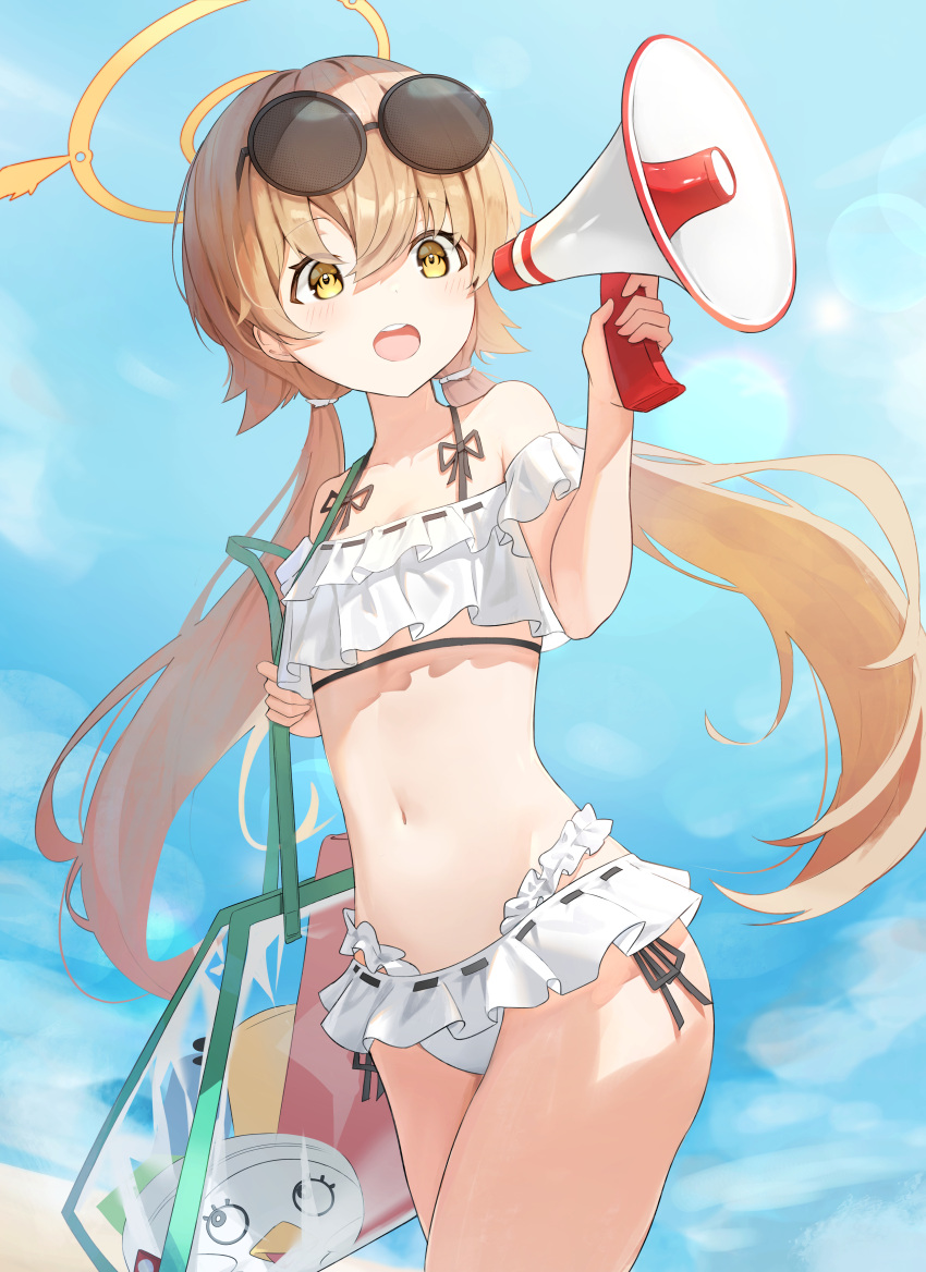 absurdres bag bikini blue_archive blue_sky blush commentary eyewear_on_head female frilled_bikini frills hair_between_eyes halo hifumi_(blue_archive) hifumi_(swimsuit)_(blue_archive) highres holding holding_bag holding_megaphone korean_commentary megaphone navel open_mouth peroro_(blue_archive) sky solo stomach sunglasses swimsuit teeth three_twosix tongue twintails upper_teeth_only white_bikini yellow_halo