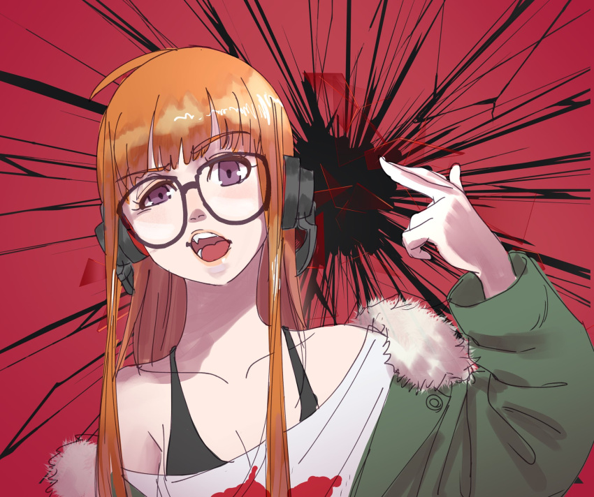 ahoge behind-the-head_headphones black_sports_bra blunt_bangs collarbone female finger_gun finger_gun_to_head fur-trimmed_jacket fur_trim glasses green_jacket headphones highres jacket long_hair off-shoulder_shirt off_shoulder open_mouth persona persona_5 poechan_chan print_shirt purple_eyes red_background round_eyewear sakura_futaba shirt sidelocks sports_bra