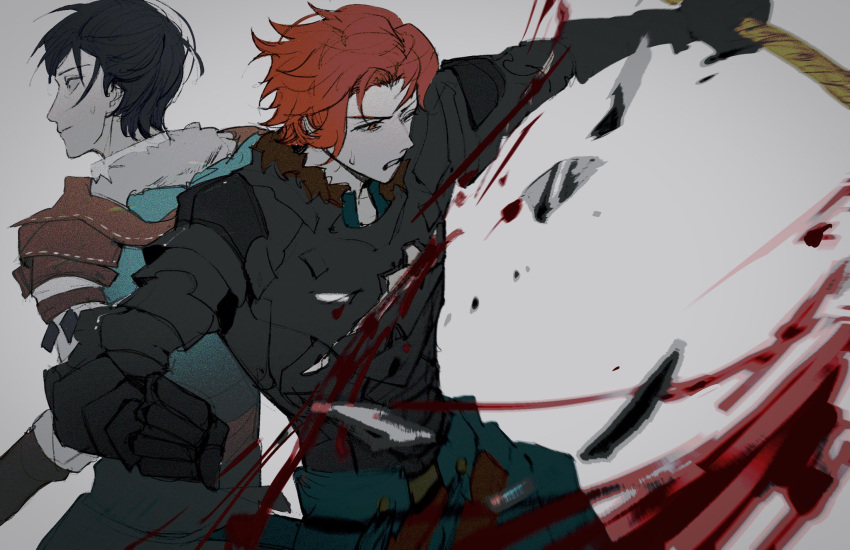 2boys armor back-to-back black_armor black_gloves black_hair blood blue_pants blue_tunic breastplate broken_armor clenched_hand clenched_teeth closed_mouth commentary felix_hugo_fraldarius fire_emblem fire_emblem:_three_houses fur-trimmed_hood fur_trim gauntlets gloves highres holding holding_weapon hood injury leather_armor looking_ahead male_focus multiple_boys nervous_sweating one_eye_closed pants red_fur red_hair sweat sweatdrop sylvain_jose_gautier teeth tunic urotozm wavy_hair weapon white_fur wince