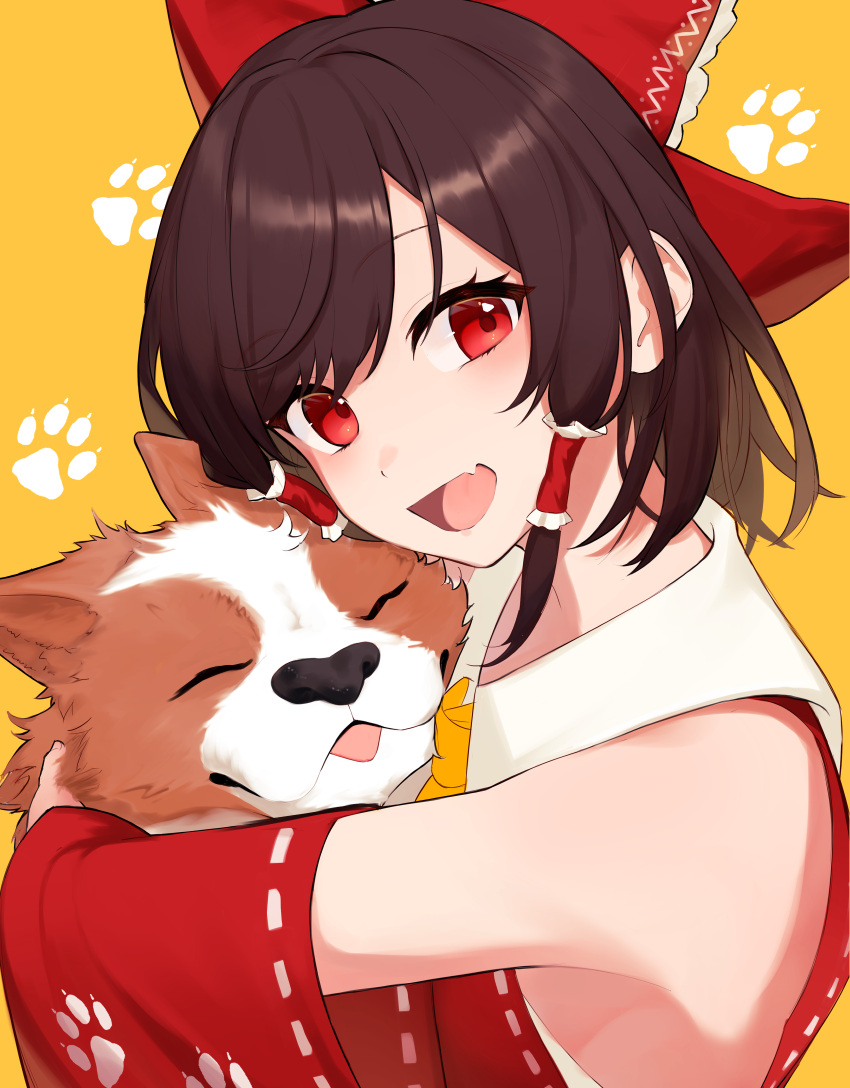 absurdres animal bare_shoulders bow breasts brown_hair canine commentary_request female frilled_bow frilled_hair_tubes frills hair_tubes hairbow hakurei_reimu highres holding holding_animal holding_dog light_blush long_sleeves looking_at_viewer medium_hair ninjin_no_nankotsu oerba_yun_fang open_mouth paw_print paw_print_background red_bow red_eyes red_sleeves ribbon-trimmed_sleeves ribbon_trim sideboob sidelocks simple_background skin_fang sleeveless smile solo swept_bangs tongue tongue_out touhou welsh_corgi wide_sleeves yellow_background