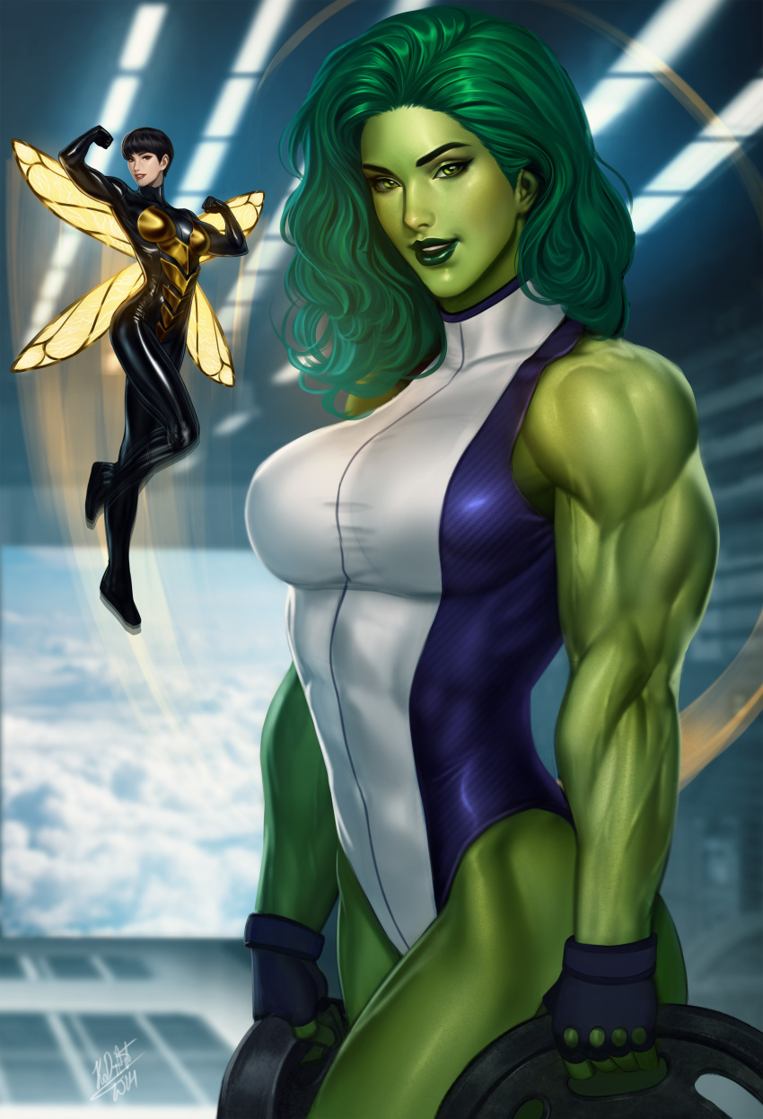 2girls absurdres black_bodysuit black_hair bodysuit breasts brown_eyes colored_skin fingerless_gloves gloves green_eyes green_hair green_skin highres insect_wings janet_van_dyne kodiart96 large_breasts leotard long_hair looking_at_viewer marvel mini_person minigirl multiple_girls muscular muscular_female purple_leotard she-hulk short_hair signature two-tone_leotard wasp_(marvel) white_leotard wings