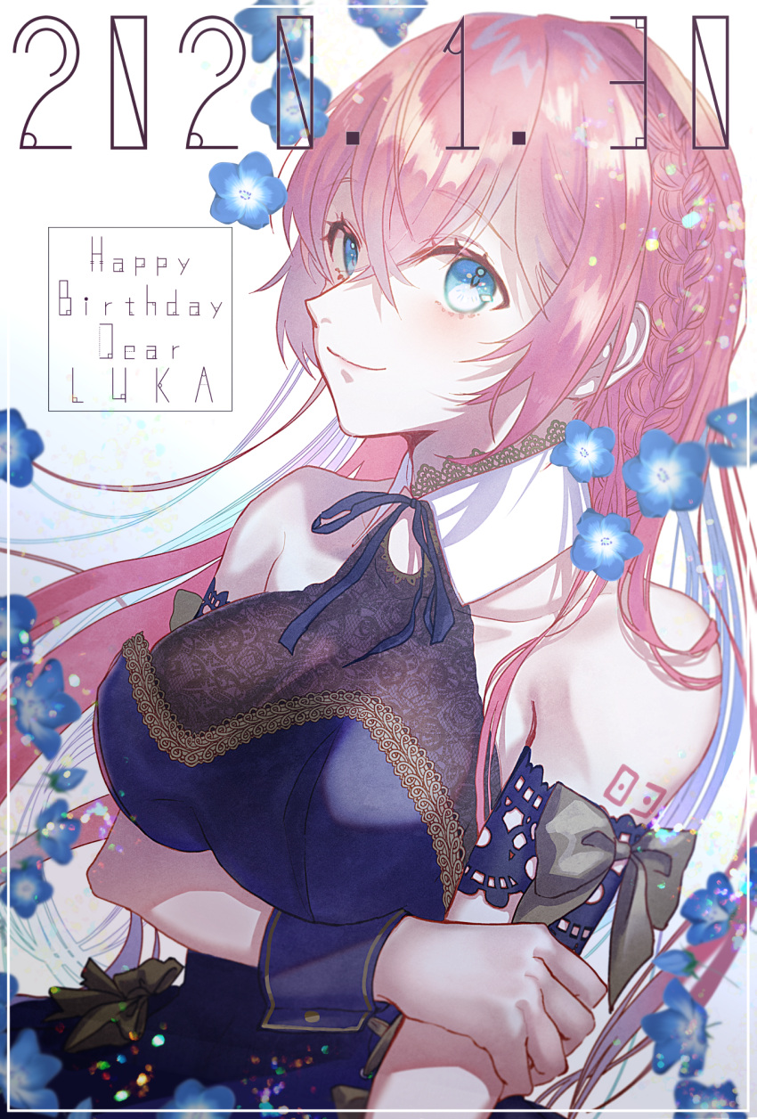 blue_eyes blue_flower braid breasts character_name closed_mouth commentary_request dated dress english_text female flower gradient_background haduki_tohru hair_between_eyes happy_birthday highres large_breasts megurine_luka pink_hair smile solo vocaloid wrist_cuffs