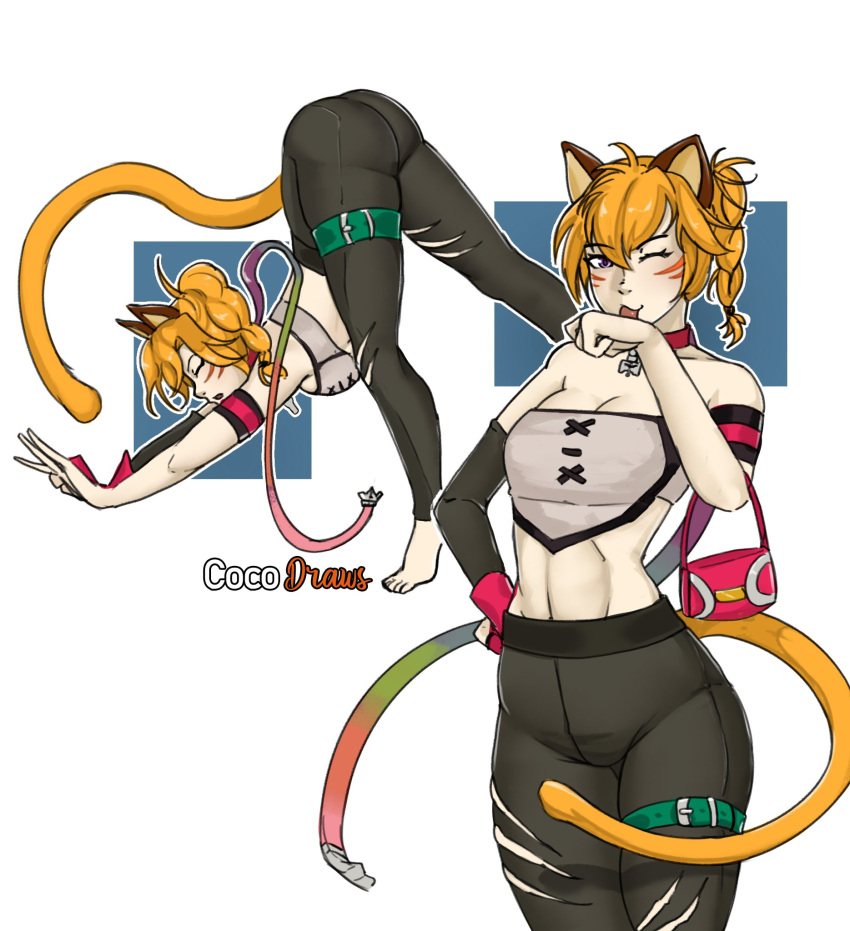 abs alternate_costume animal_ears ass bag barefoot belt braid breasts cat_ears cat_girl cat_tail cleavage cocodraws collar commission facepaint facial_mark female fire_emblem fire_emblem:_radiant_dawn hand_guard handbag highres laguz_(fire_emblem) licking licking_hand lyre_(fire_emblem) midriff one_eye_closed orange_tail pantyhose purple_eyes simple_background solo standing stretching tail thigh_belt thigh_strap torn_clothes whisker_markings